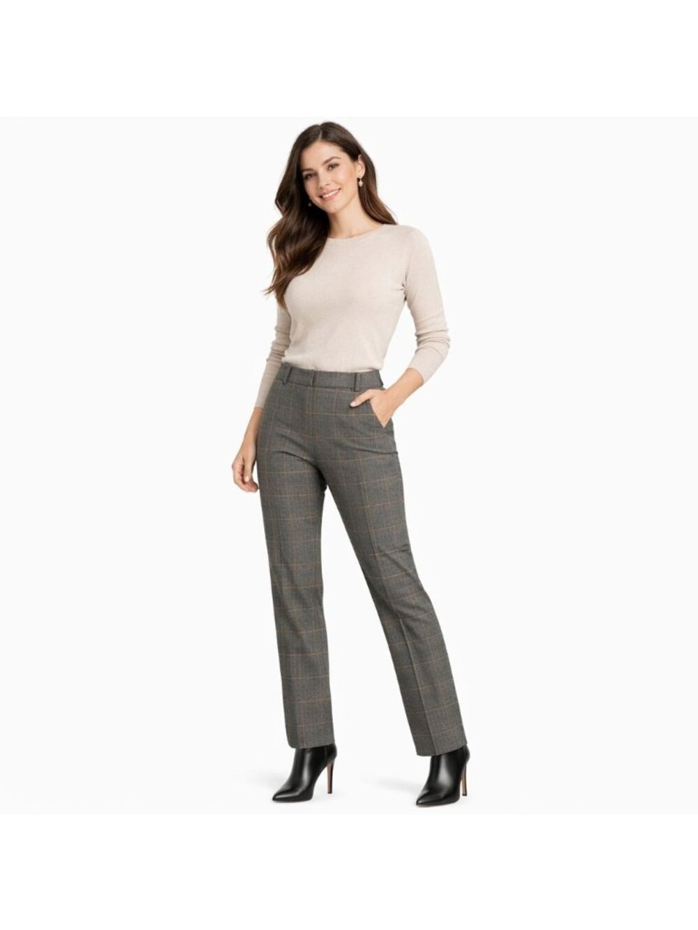 ZARA Small Plaid Small Slim Fit Trousers Gray Check Pattern